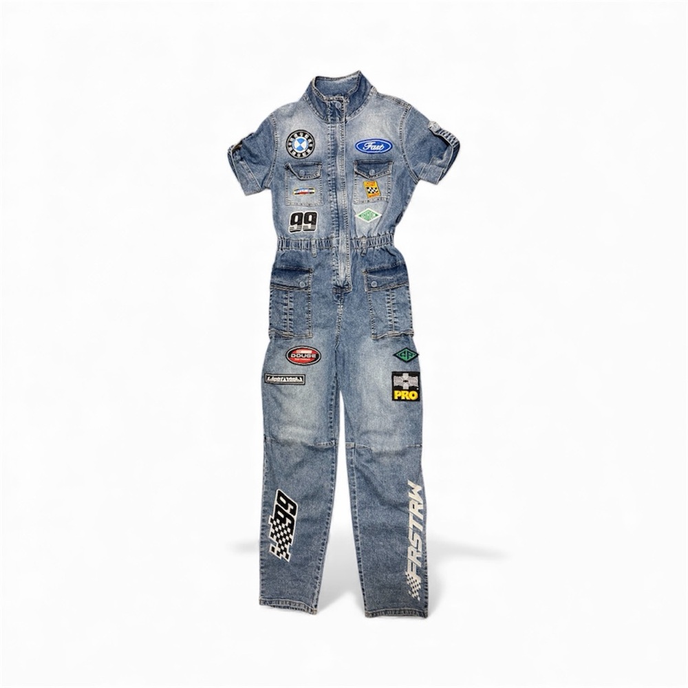 First Row Denim Jumpsuit Vintage Style with Racing Inspired Patches